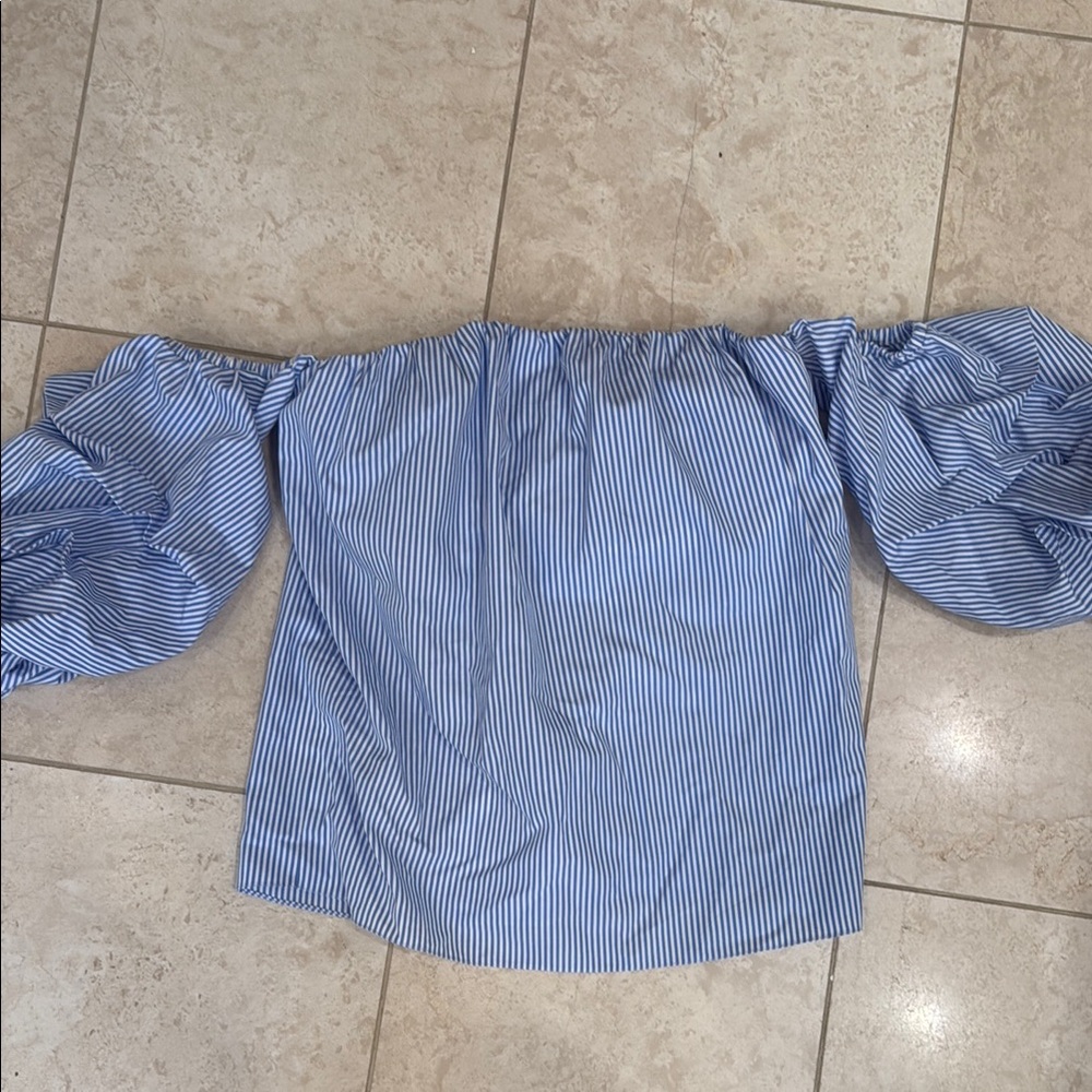Johanna Ortiz 8 Blue Striped Off-Shoulder Top
